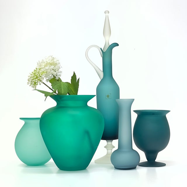 Mixed green and blue frosted vessels, group of 5. A striking group of blue and green frosted glass vessels from the 1980s....