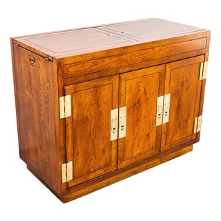 Vintage Mid Century Henredon Campaign Style Bar Cabinet With Brass Accents For Sale
