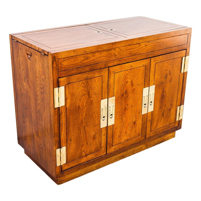 Vintage Mid Century Henredon Campaign Style Bar Cabinet With Brass Accents For Sale