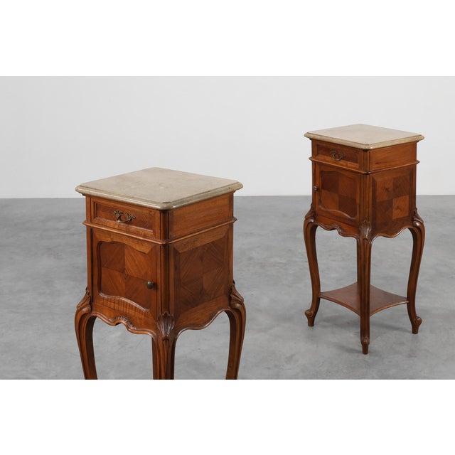 Brown Louis XV Nightstands with Marble Tops, France, 1900s, Set of 2 For Sale - Image 8 of 14