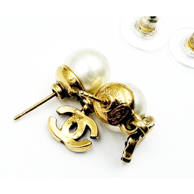 Chanel Chanel Vintage Pearl Gold Plated CC Fuchsia Crystal Piercing Earrings, Pair For Sale - Image 4 of 4