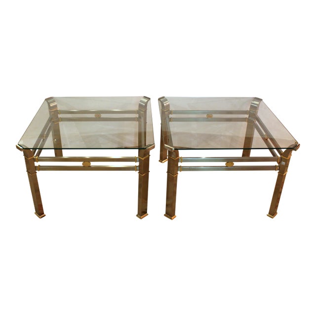Mid Century Modern Pair of Steel, Brass & Glass Tables For Sale