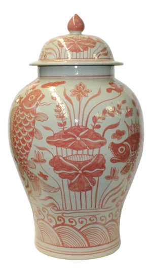 Pink Orange Off White Flowers Fishes Graphic Round Ceramic Jar