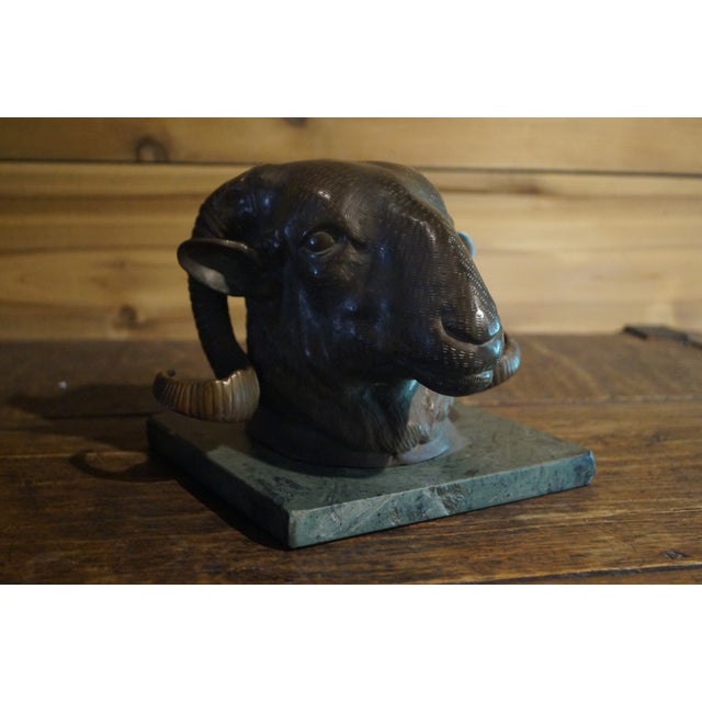 Stone 1940s Bronze Ram Head Sculpture on Marble Base For Sale - Image 7 of 8