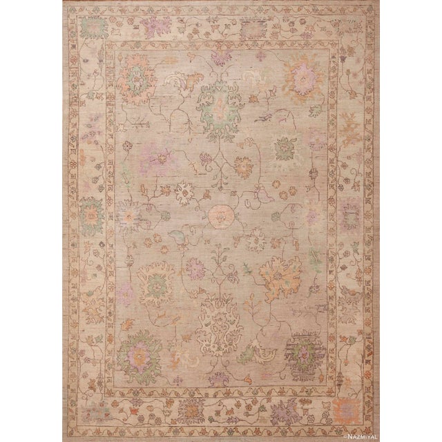 Neutral Tribal Floral Modern Turkish Oushak Design Area Rug For Sale