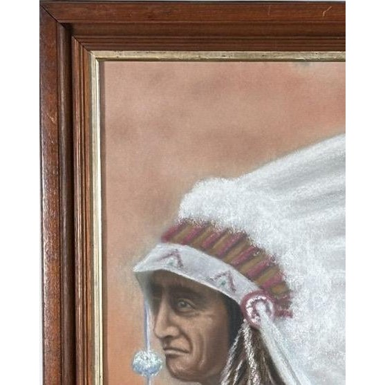1970s Original Vintage 1978 Western Fine Art Native American Indian Chief Red Cloud Framed Pastel Portrait Drawing For Sale - Image 5 of 9