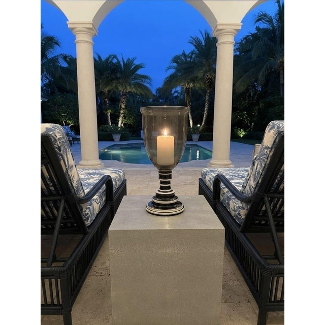 Vintage Smoked Glass Hurricane Candle Holder With Black & White Bone Inlay Base For Sale In West Palm - Image 6 of 12