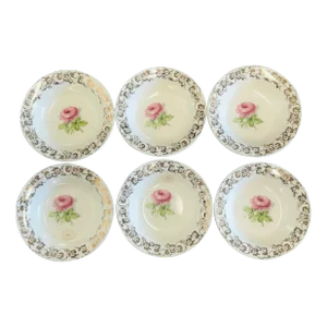 Vintage Taylor Smith Golden With Pink Flower Dessert Bowls Set of 6