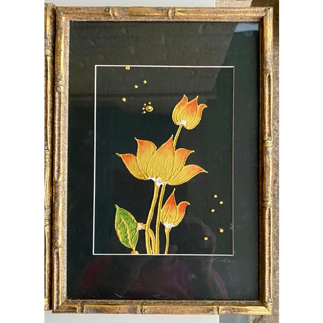 Vintage Lotus Botanical Prints, Gold Faux Bamboo Frames – Set of 3 For Sale - Image 4 of 12