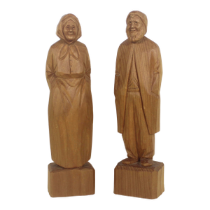 Vintage Signed Elston Hand Carved Wood Man and Woman, French Canadian Folk Art Couple Smiling Figurines - Set of 2