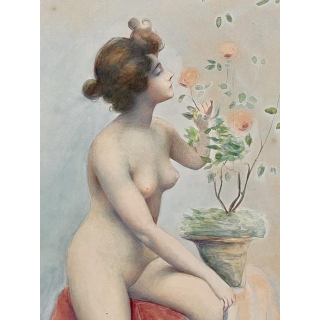 J. Salmony, Young Naked Woman and Rose Bush, Watercolor For Sale - Image 4 of 7