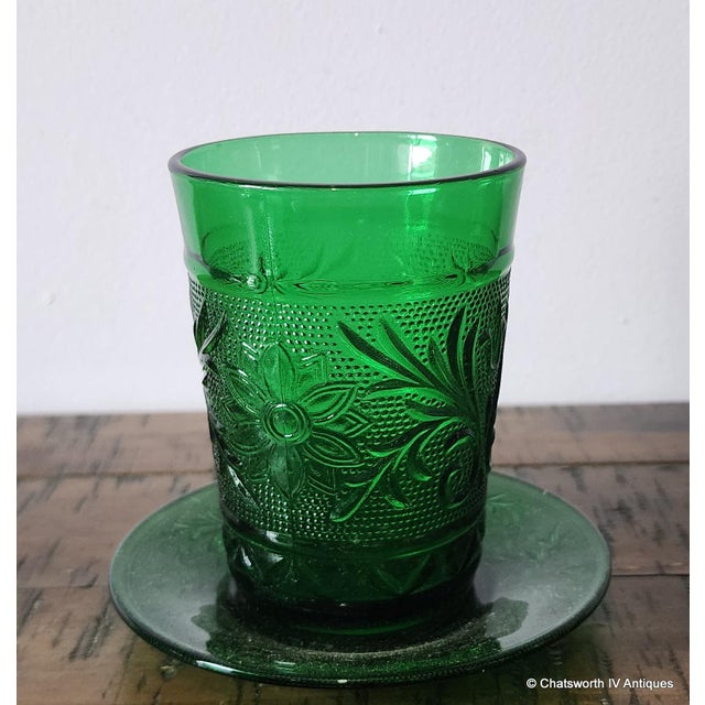 6 Mid Century Forest Green Glass Sandwich Pattern Juice Tumblers w/ Saucers ~ Anchor Hocking. deep forest green color and...