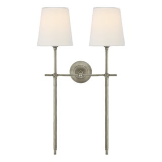 Thomas O'Brien for Visual Comfort Signature Bryant Large Double Tail Sconce in Antique Nickel with Linen Shades For Sale