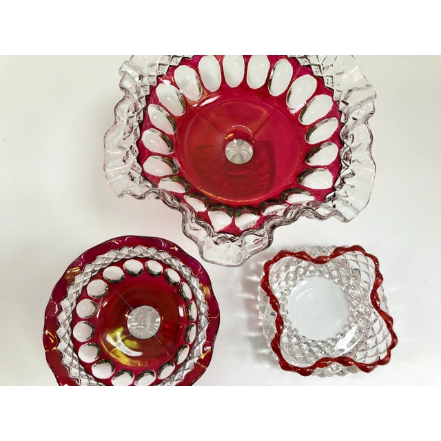 English Mixed Mismatched Vintage Red Cranberry Cut to Clear Party Serving or Display Bowls - Set of 3 For Sale - Image 3 of 10