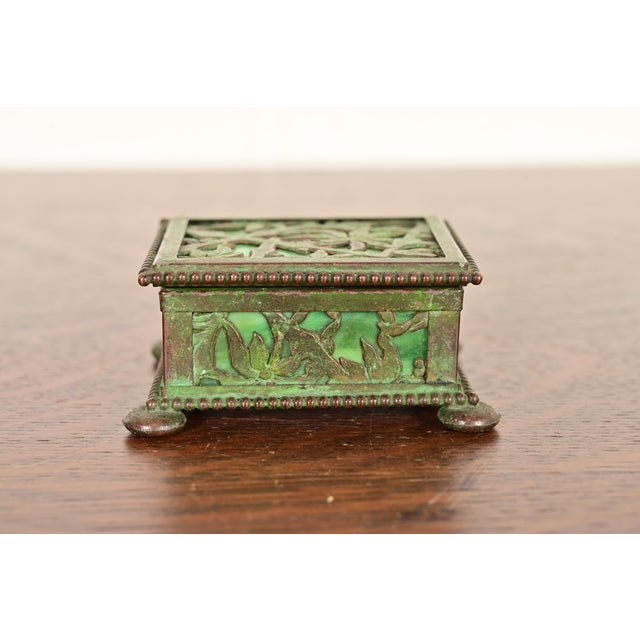 A beautiful Arts & Crafts or Art Nouveau period "Grapevine" pattern bronze and slag glass stamp box, desk box, decorative...