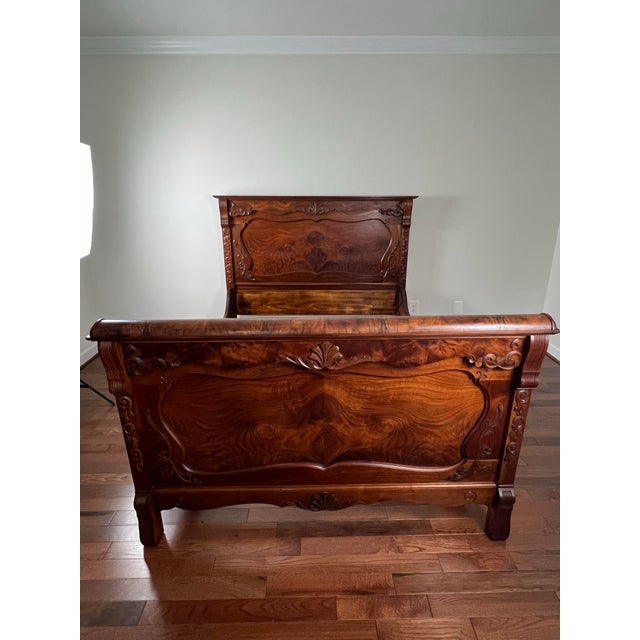 Late 19th Century Antique Carved Burlwood Full Size Bed Frame For Sale - Image 5 of 12