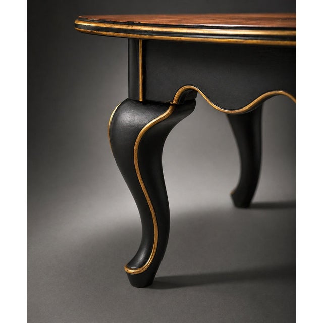 Mid 20th Century Vintage Oval Coffee Table – Bookmatched Veneer Top in Satin Walnut With Black & Gold Gilded Base – 48" W For Sale - Image 5 of 7