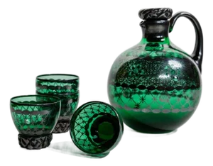 Vintage Green Murano Glass Liqueur Decanter and Glasses with Hand-Painted Silver Decor, Italy, 1930s, Set of