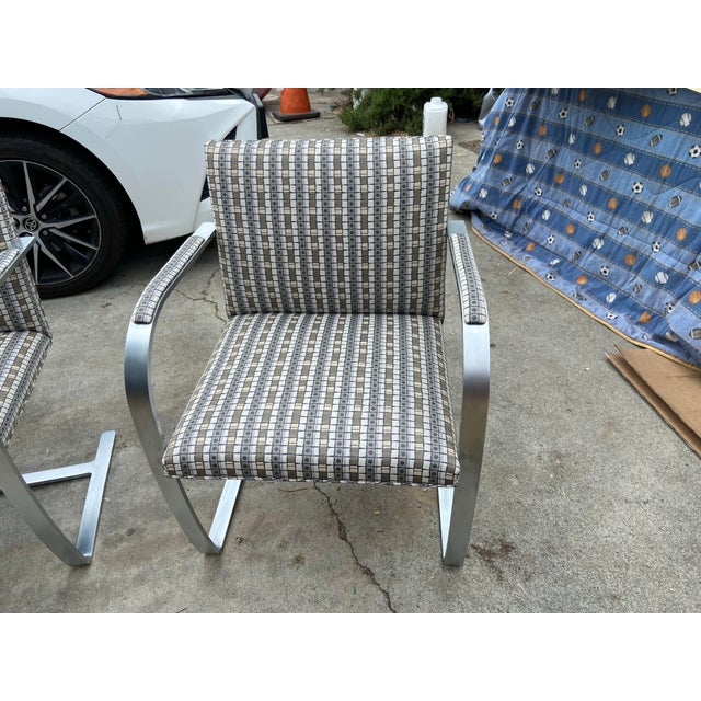 Metal 2003 Set of 4 Mies Van Der Rohe for Knoll Flat Bar Brno Arm Chairs Grid Fabric Pattern For Sale - Image 7 of 15