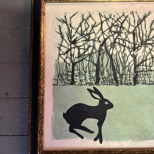Contemporary original “rabbit in meadow” painting and cut paper by Stephen Heigh. Signed and framed. Measures 10x12 or...