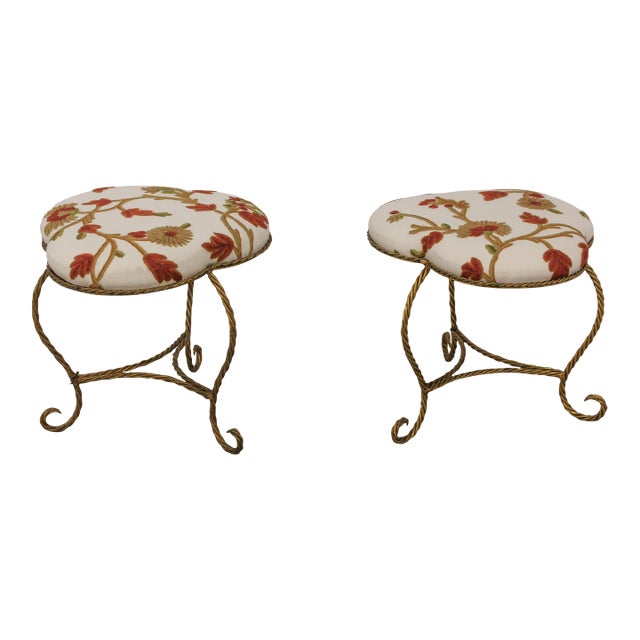 Pair Clover Shape Crewel Work Upholstered Iron Stools For Sale