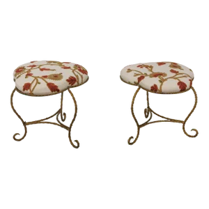 Pair Clover Shape Crewel Work Upholstered Iron Stools