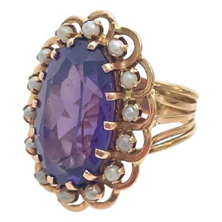 Vintage Oval Cut 13.5ct Color Change Corundum 14k Yg Set With Pearls Ring Size 6 For Sale