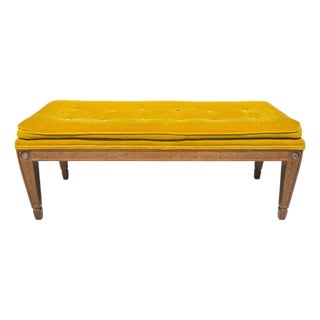 Mid 20th Century Vintage Mid Century Tufted Velvet Bench With Tapered Legs and Brass Medallions For Sale