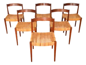 Mid 20th Century Set of Six Nanna Ditzel Model 110 Dining Chairs in Teak + Cane