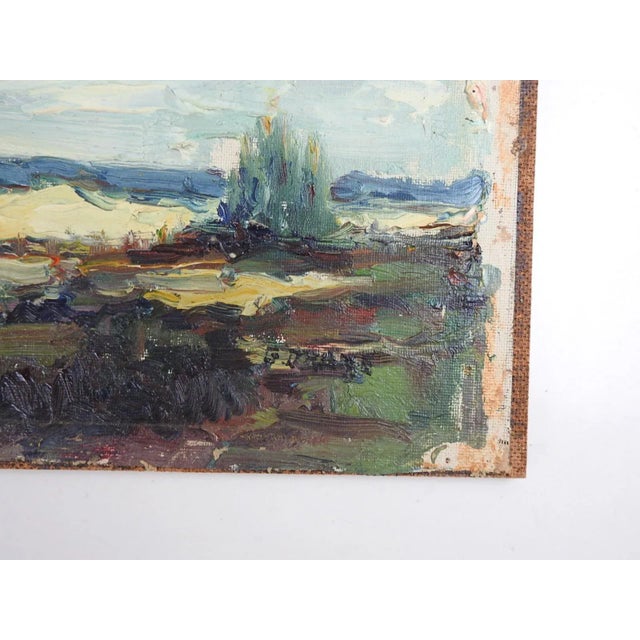 Vintage mid 20th century impressionist plein air oil on canvas landscape painting. Signed illegibly lower right corner....