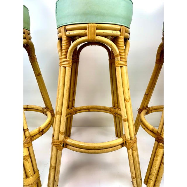 Traditional 1960s Set of 4 Mid Century Cal-Asia Rattan Bar Stools With Mint Green Upholstered Seats For Sale - Image 3 of 8