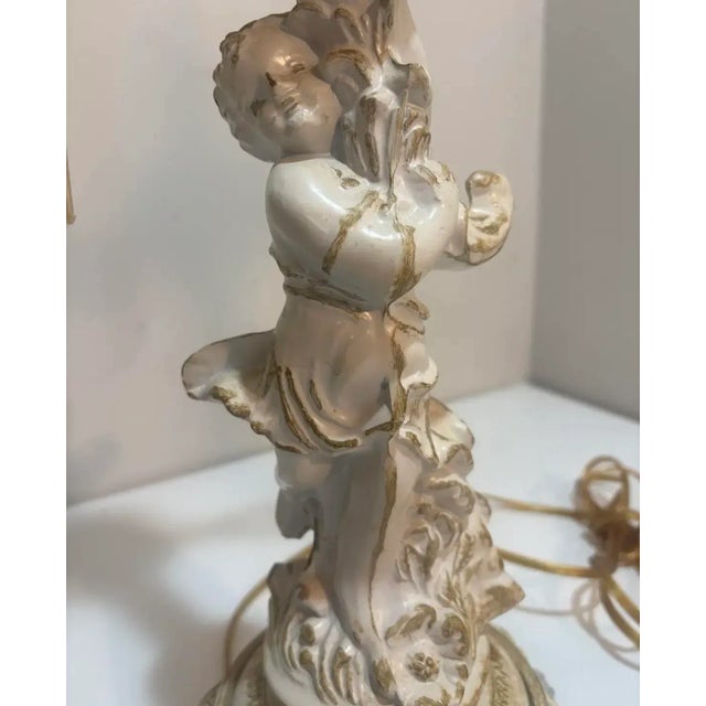 Metal Vintage Cherub Boudoir Lamp Pair — Rococo Revival Putti Bases W/ Fringe Shades For Sale - Image 7 of 10