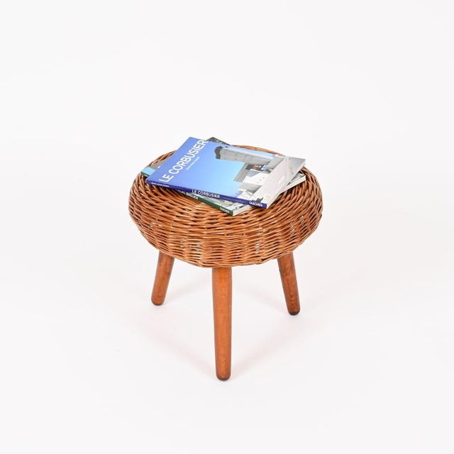 Mid-Century Stool or Side Table in Wicker and Wood by Tony Paul, Italy, 1950s For Sale - Image 3 of 11
