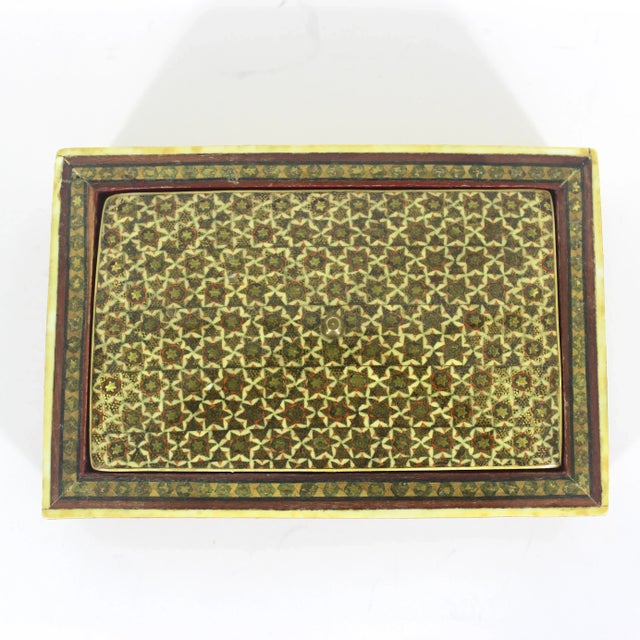Wood Antique Persian Khatam Micro Marquetry Inlaid Box With Bone, Wood and Brass Inlay For Sale - Image 7 of 12