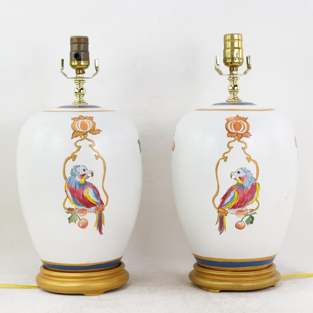 Vintage Hand-Painted Ceramic Table Lamps With Chinoiserie Parrots and Cherry Motif - a Pair For Sale - Image 13 of 14