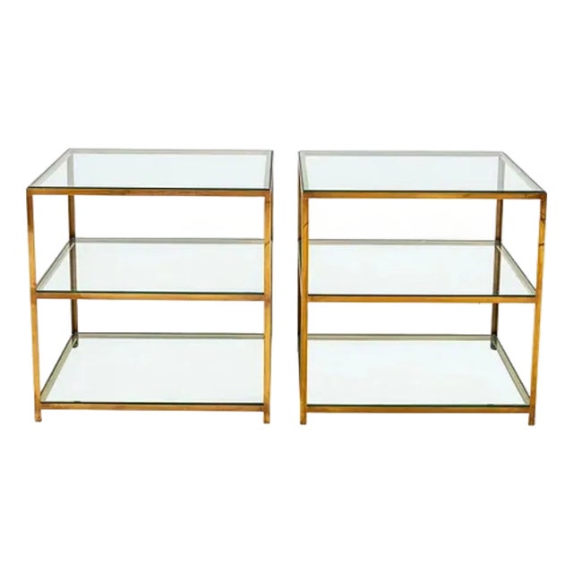 Pair Mid Century Three Tier Brass and Glass Side Tables For Sale