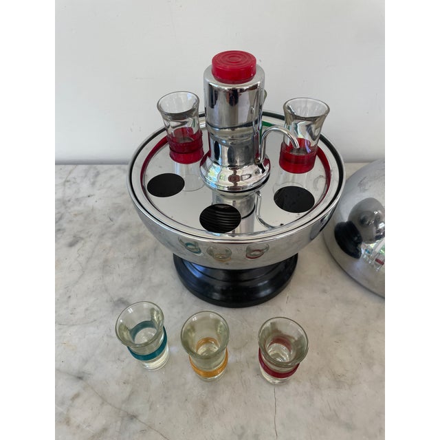 Metal Vintage 1950's Retro Bowling Trophy / Liquor Dispenser With Set of 6 Shot Glasses - 11 Pieces For Sale - Image 7 of 10