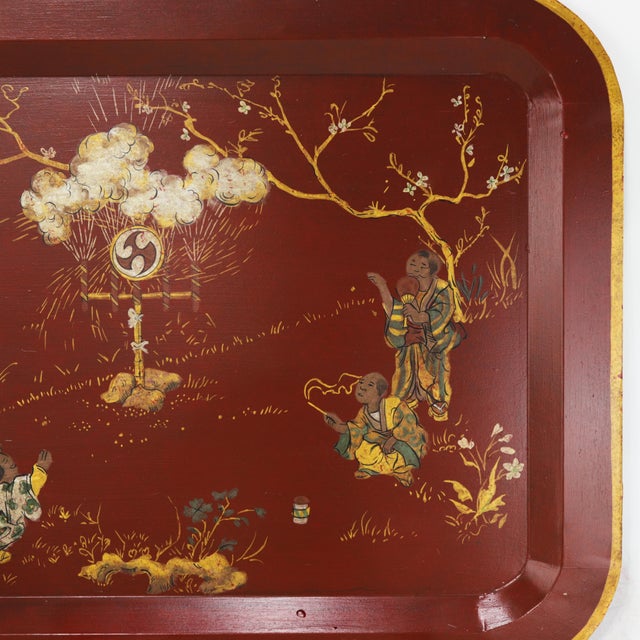 Burgundy Vintage Red Lacquer Rectangular Tray With Hand Painted Gold Asian Festival Scene and Chinoiserie Style For Sale - Image 8 of 13
