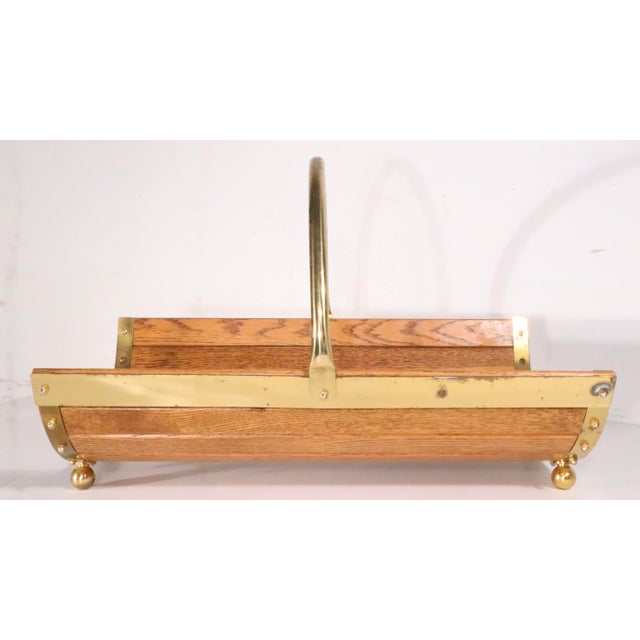 Mid-Century Modern Vintage Oak and Brass Fireplace Log Wood Holder C. 1970/80's For Sale - Image 3 of 11
