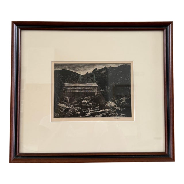 Asa Cheffetz Signed “Covered Bridge – Vermont” Original Wood Engraving, C. 1945 For Sale