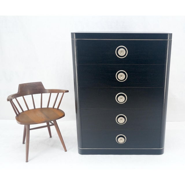 Black Lacquer & Silver 5 Drawers Art Deco Tall Chest Dresser MINT For Sale - Image 11 of 18
