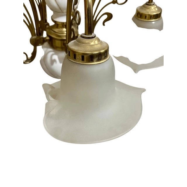 Metal Vintage Art Nouveau Style Fleur De Lis Calla Lillies Shades 5 Arms Chandelier For Sale - Image 7 of 13