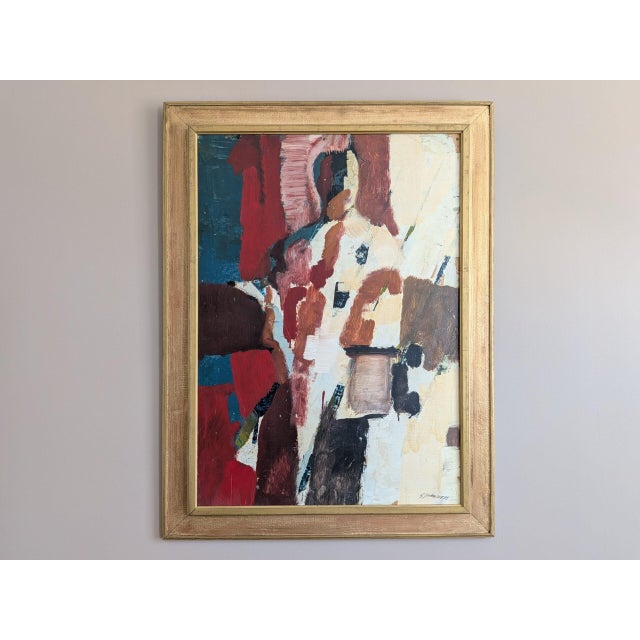 THRESHOLD OF PRESENCE Oil on Board Size: 32.7 × 24.8 inches (including frame) A compelling mid-century abstract figurative...
