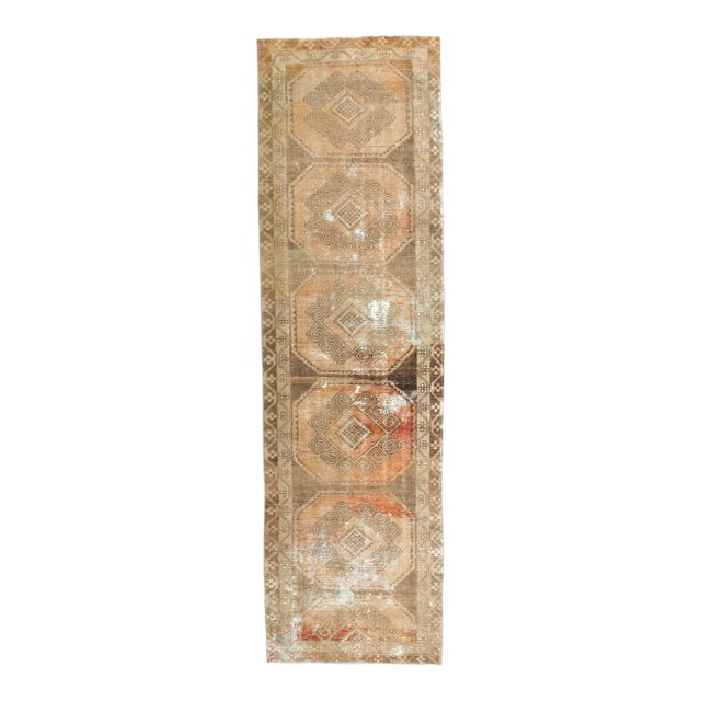3'6x12'6 Orange Brown Vintage Turkish Hand-Knotted Runner Rug For Sale