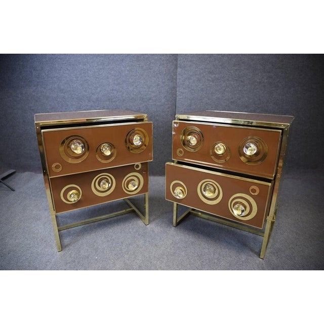 Pair of Luxurious Brown Bedside Tables With Glass & Brass For Sale - Image 4 of 12