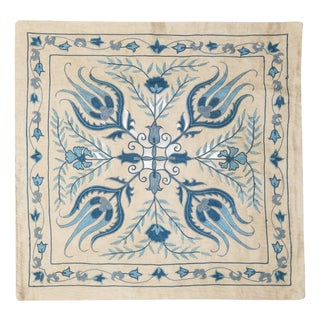 21"x21" Embroidered 100% Silk Cushion. Blue Accent Pillow. Handmade Throw Pillow For Sale