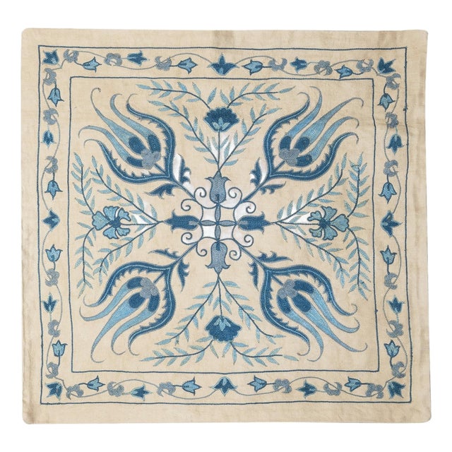 21"x21" Embroidered 100% Silk Cushion. Blue Accent Pillow. Handmade Throw Pillow For Sale