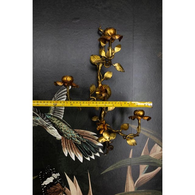 Hollywood Regency Gilt Tole Metal Triple-Arm Floral Wall Candle Sconce, 1970s For Sale - Image 9 of 18