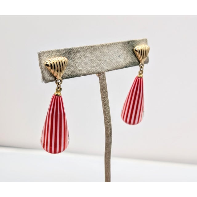 Mid-Century Modern Vintage 1970s Signed Crown Trifari Red Striped Glass Drops Pierced Earrings - 2 Pieces For Sale - Image 3 of 7