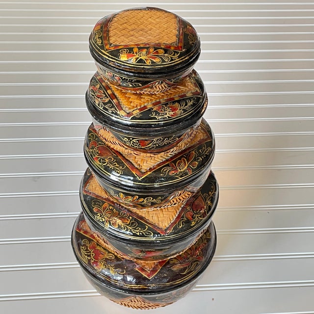 1970 Round With Lids Lacquer Bamboo Baskets - Set of 5 For Sale - Image 13 of 13